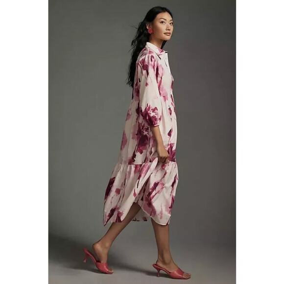 Anthropologie Maeve Bettina Dress Tiered Shirt Buttondown Watercolor Pink Small - Picture 2 of 13